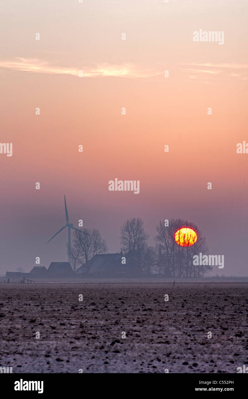 Hijum, Bauernhof, Windturbine, Sonnenaufgang. Stockfoto