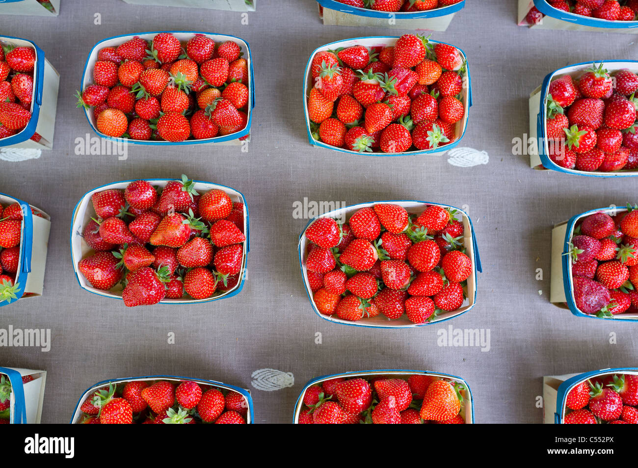 Frische Erdbeeren in Körben auf dem französischen Markt Stockfoto