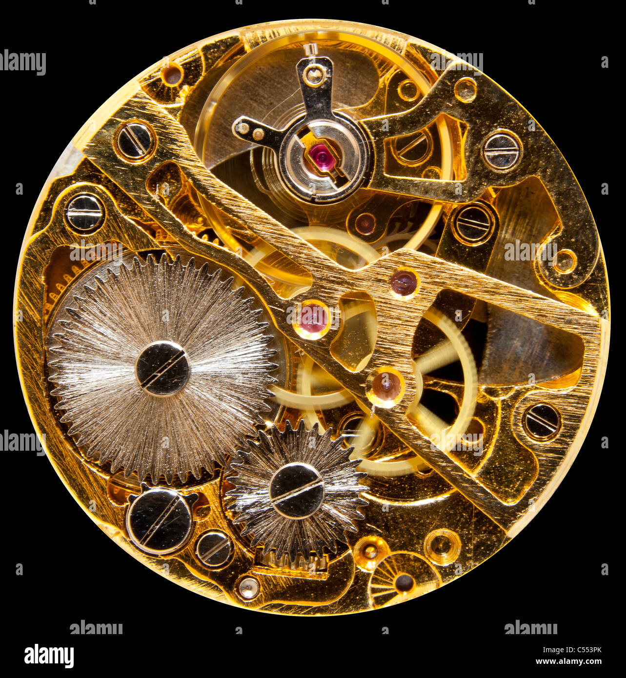 Makroaufnahme des Innenraums von einer alten Taschenuhr mit mechanischem Uhrwerk Stockfoto