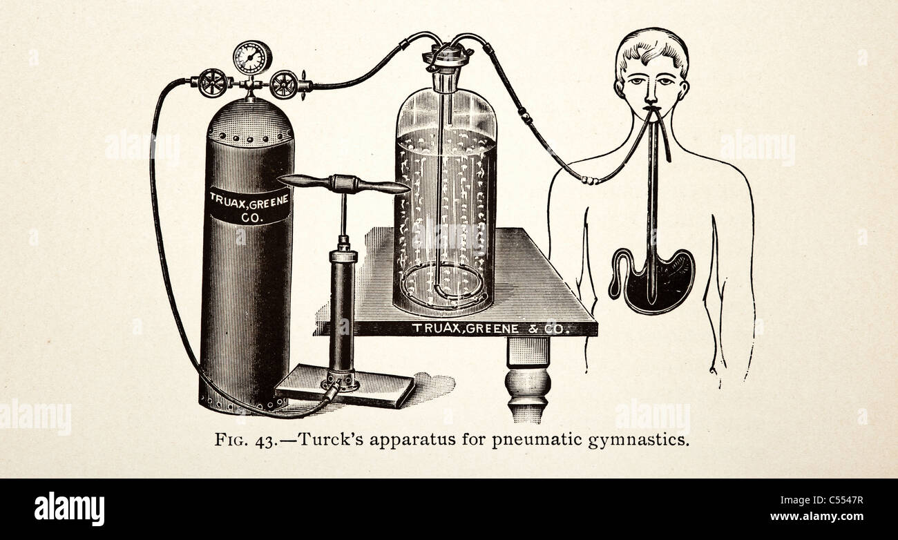Antike medizinische Illustration der Sauerstoffbehandlung. Stockfoto