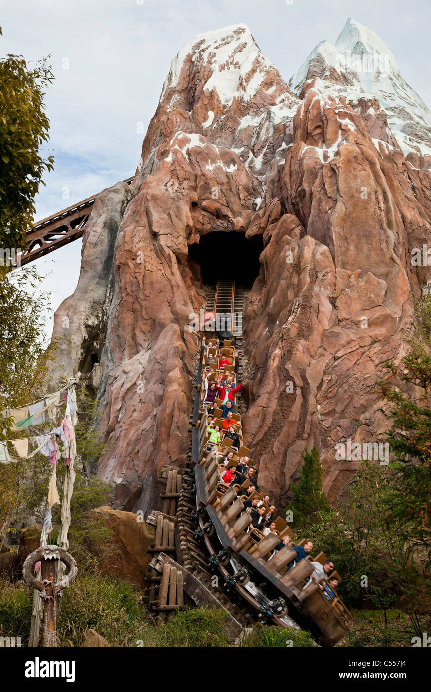 Mount Everest-Achterbahnfahrt mit beweglichen Zug voller Menschen Walt Disney World Animal Kingdom Theme Park, redaktionelle nur Stockfoto
