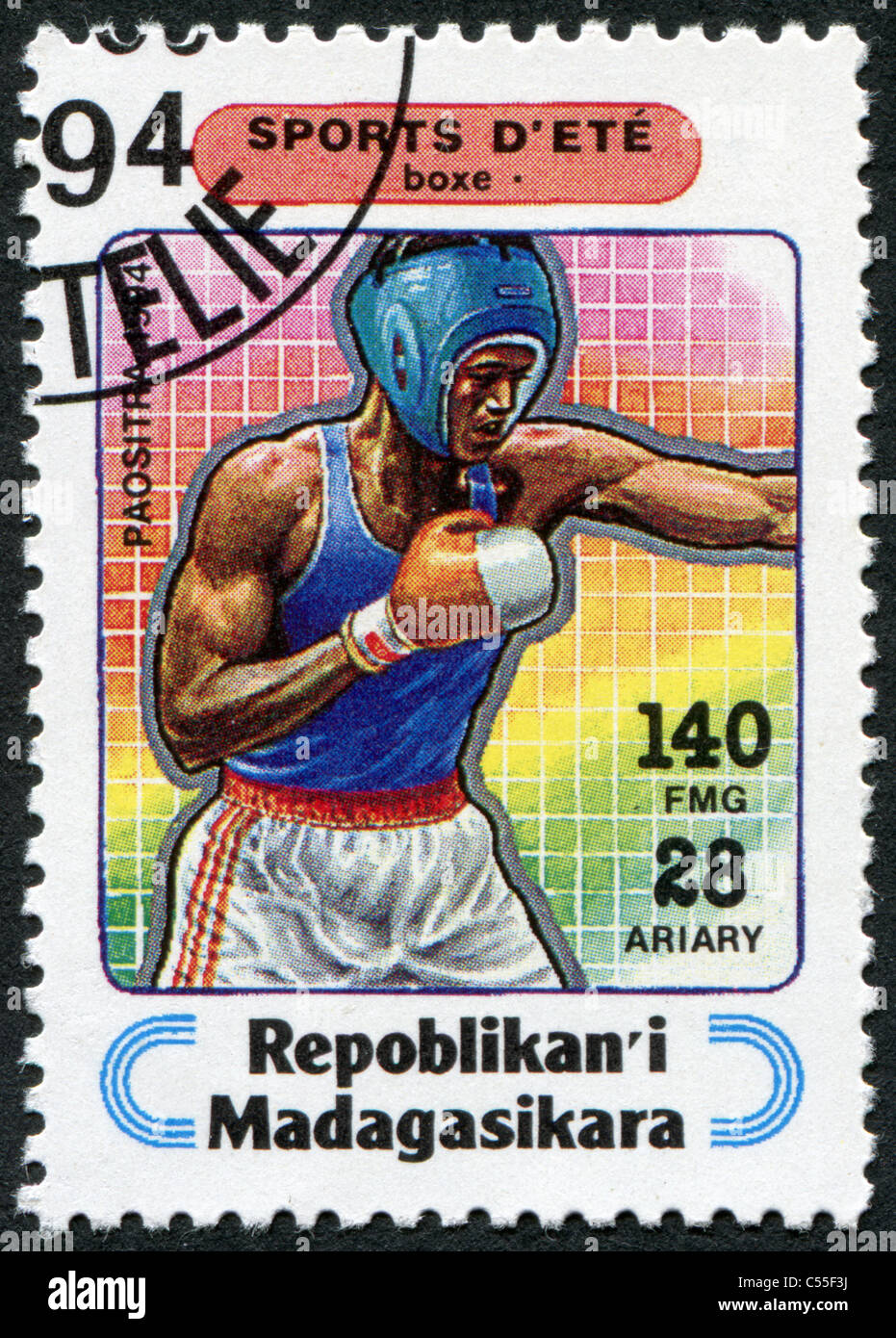 Madagaskar - 1994: Briefmarken gedruckt in Madagaskar, widmet sich der Sport, Boxen Stockfoto