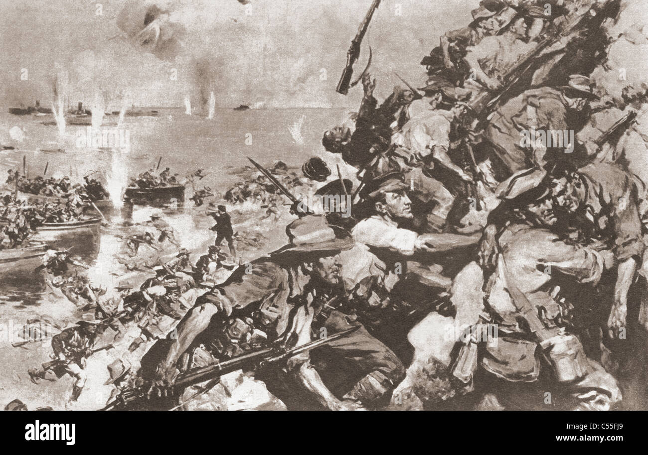 Australischen und neuseeländischen Truppen landen am Strand von Gallipoli, Türkei, 25. April 1915 im ersten Weltkrieg. Stockfoto