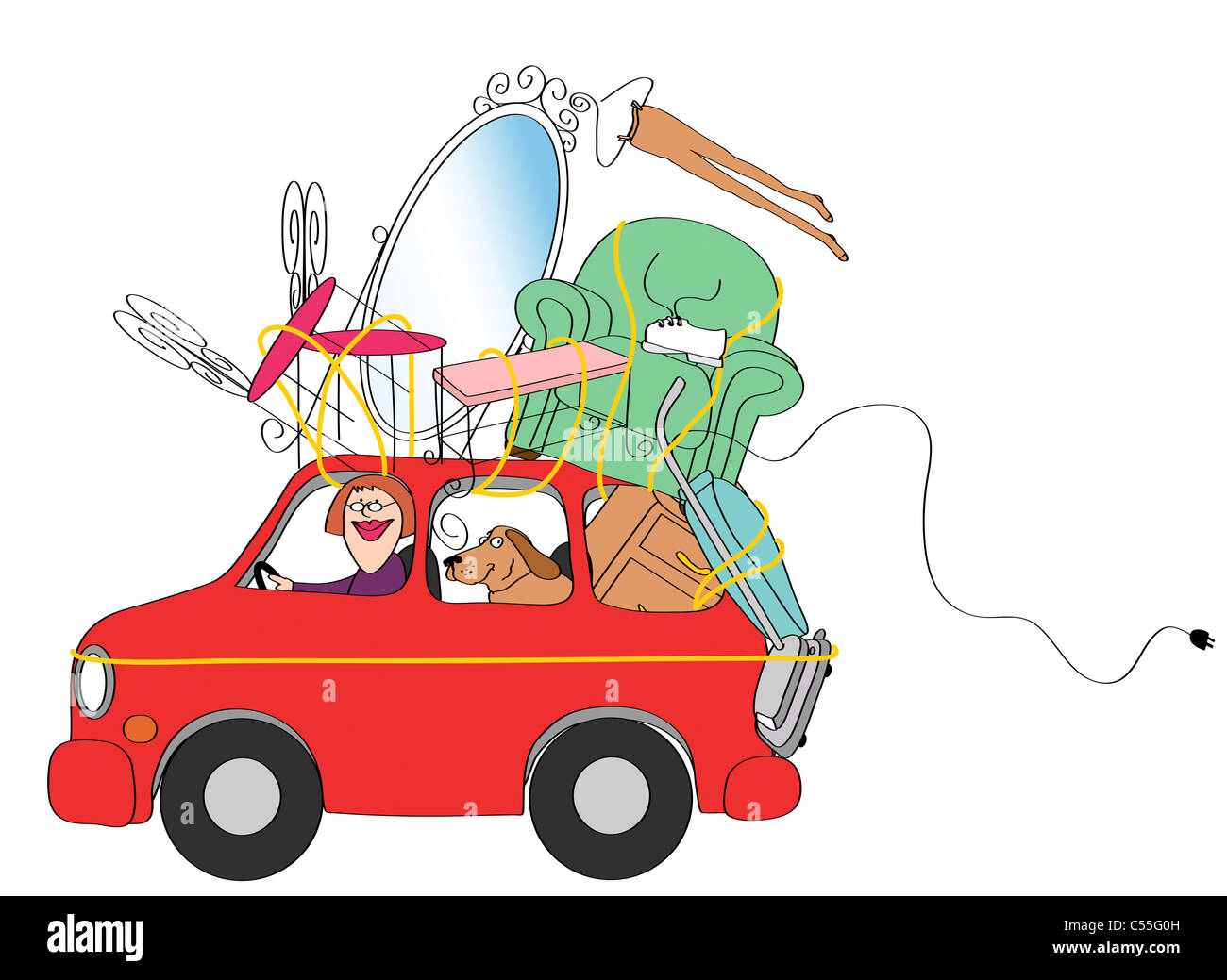 Frau Auto geladen mit Möbeln Stockfoto