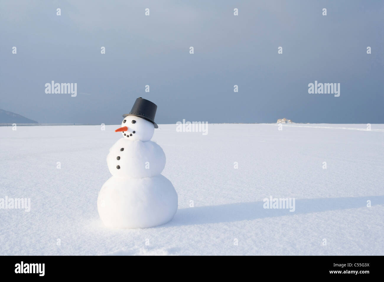 Schneemann im Schneefeld Stockfoto