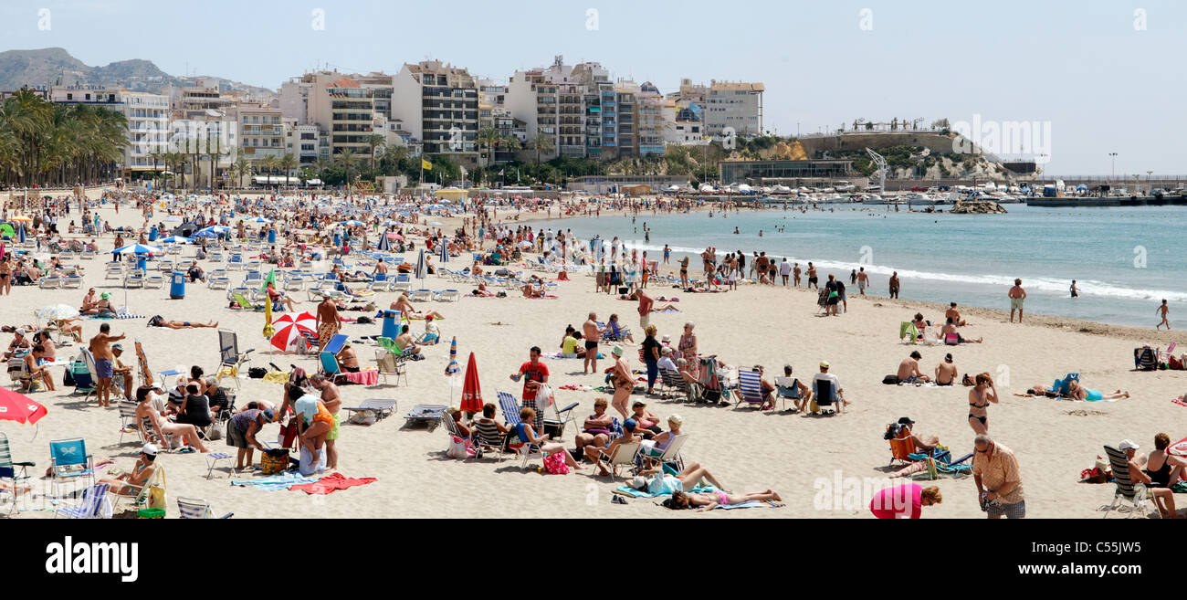 Benidorm, Playa Poniente Strand in der Nähe der alten Stadt, Costa Blanca, Spanien Stockfoto