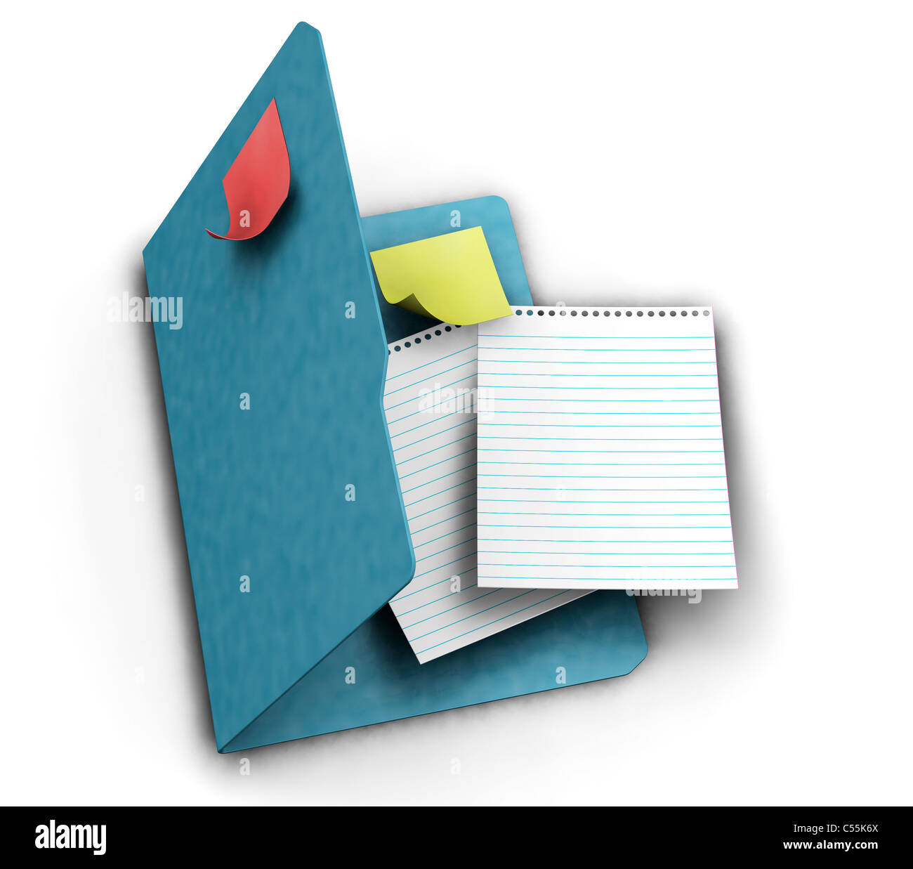 3D Rendern eines Ordners, Post-It Zettel und Blatt Liniertes Papier Stockfoto