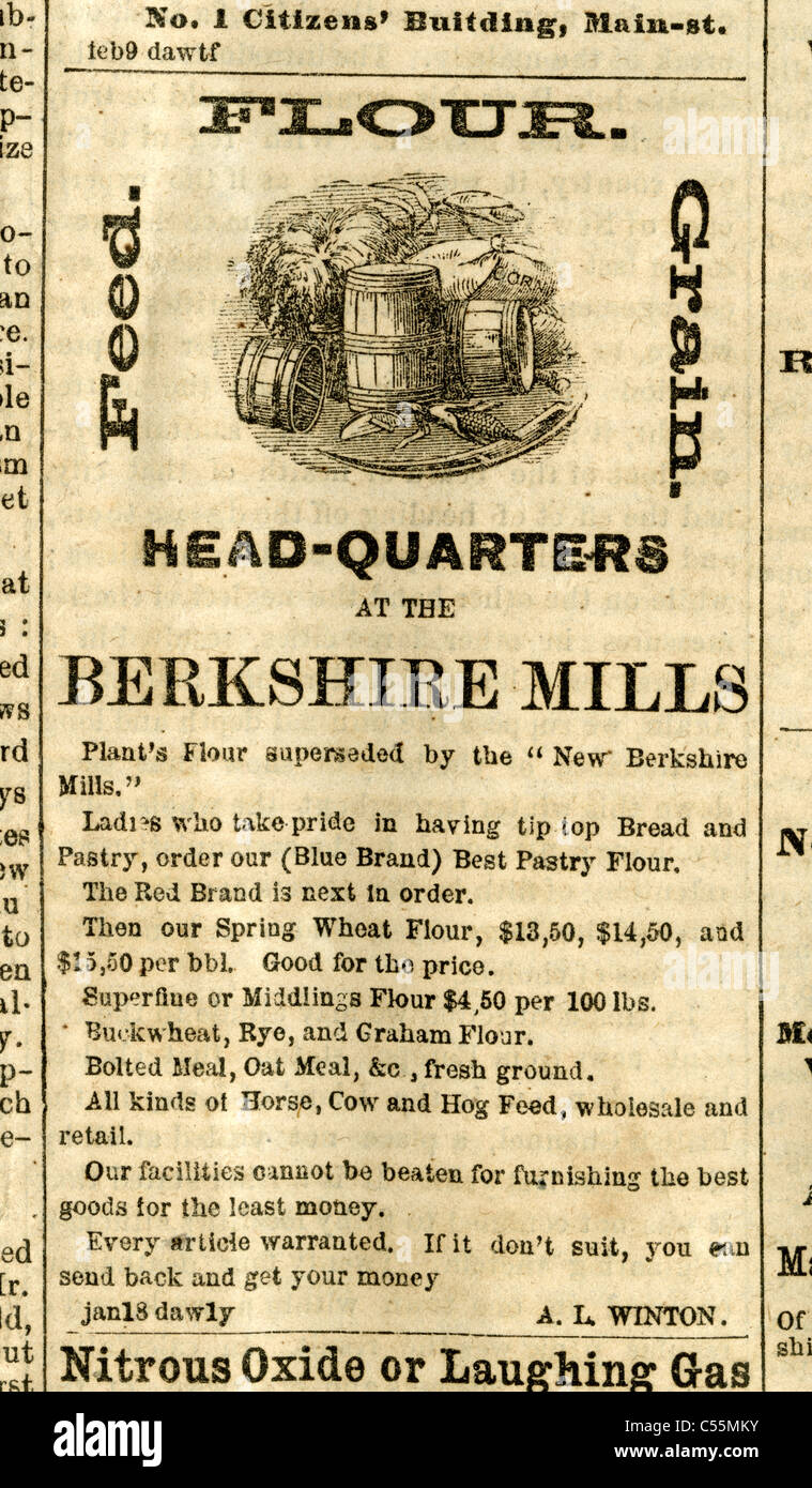 1867-Gravur, Mehl, Futtermittel, Getreide in Berkshire Mills. Von der republikanischen Standard, Bridgeport, Connecticut. Stockfoto