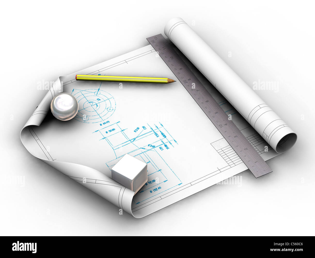 3D-Render Baupläne mit Bleistift Stockfoto