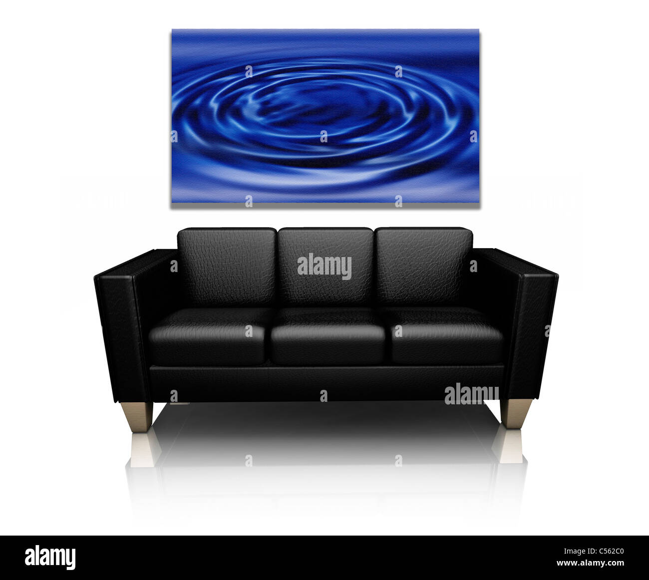 3D Rendering eines modernen Sofas mit Leinwand Kunst der Wasserwellen Stockfoto