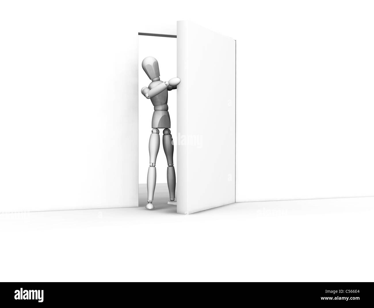 3D Rendern von jemandem kommt durch eine offene Tür Stockfoto