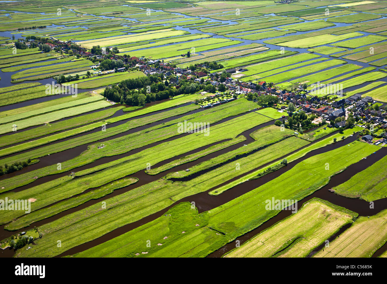 Niederlande, Wormer, Polder mit Dorf und Ackerland. Luft. Stockfoto