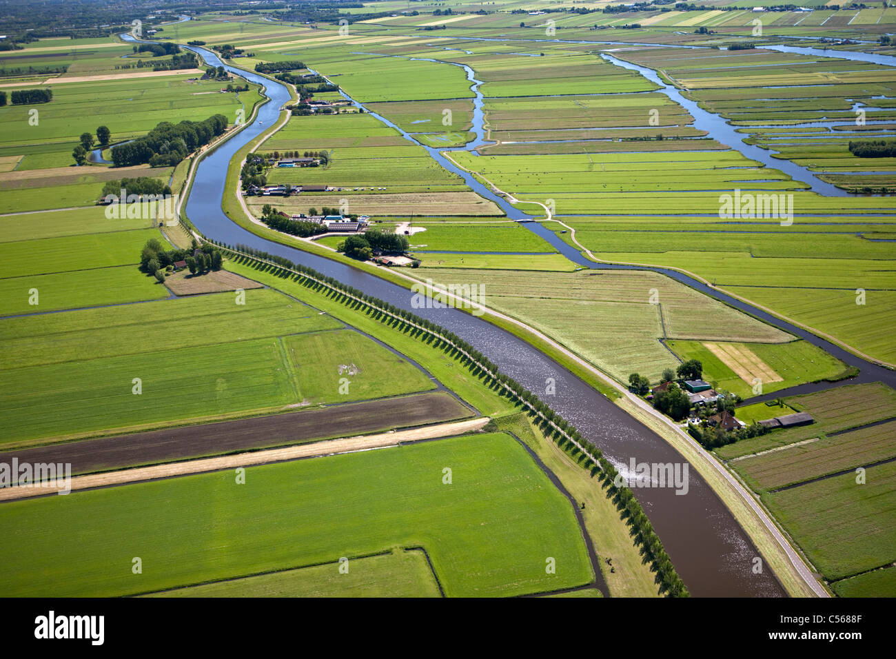 Den Niederlanden, in der Nähe von De Rijp, Polder mit traditionellen Ackerland und Bauernhöfen. Gürtel-Kanal Beemster polder Stockfoto