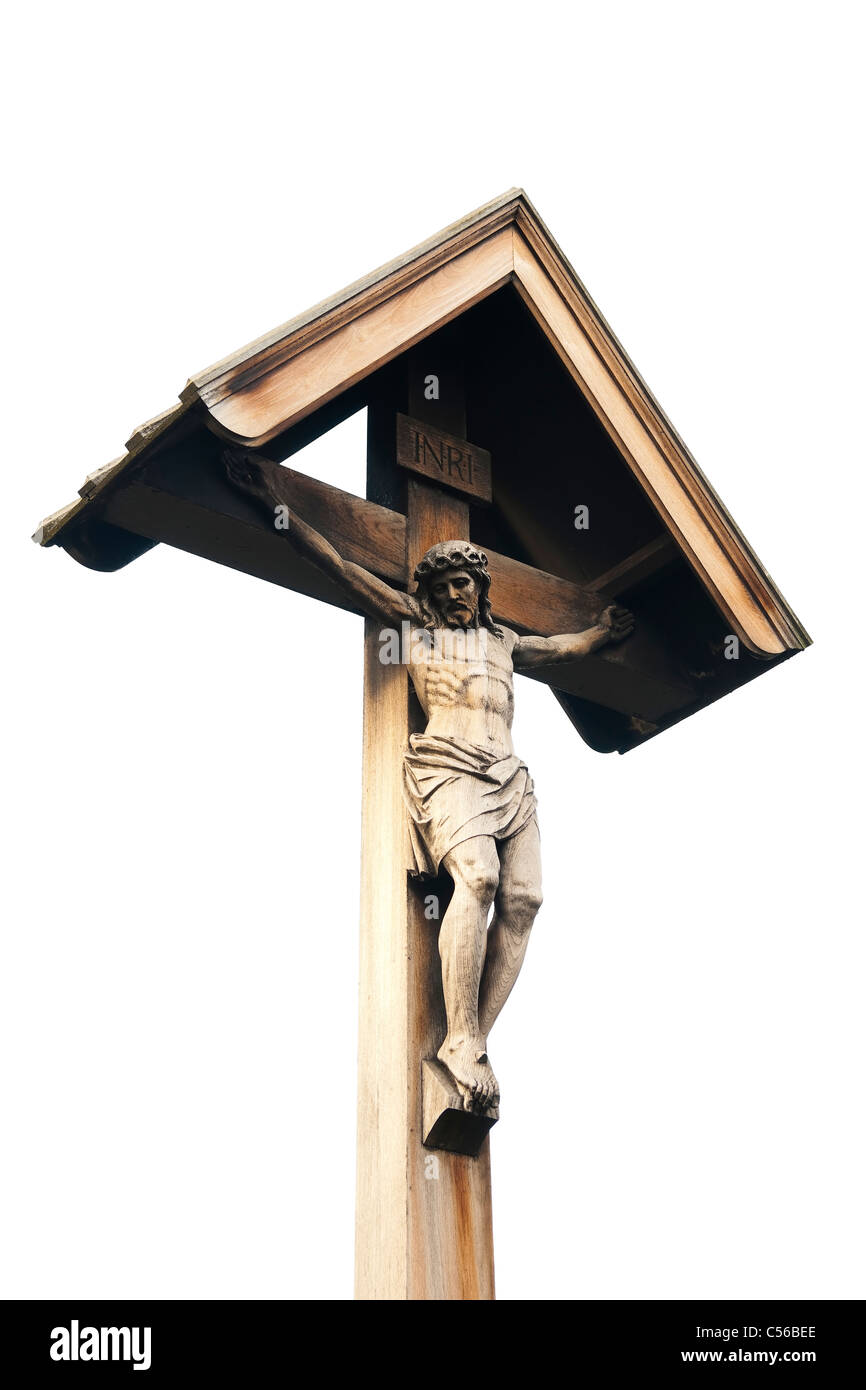 Christus-Statue in St. Johannes Evangelist-Kirche, East Dulwich isoliert auf weißem Hintergrund Stockfoto
