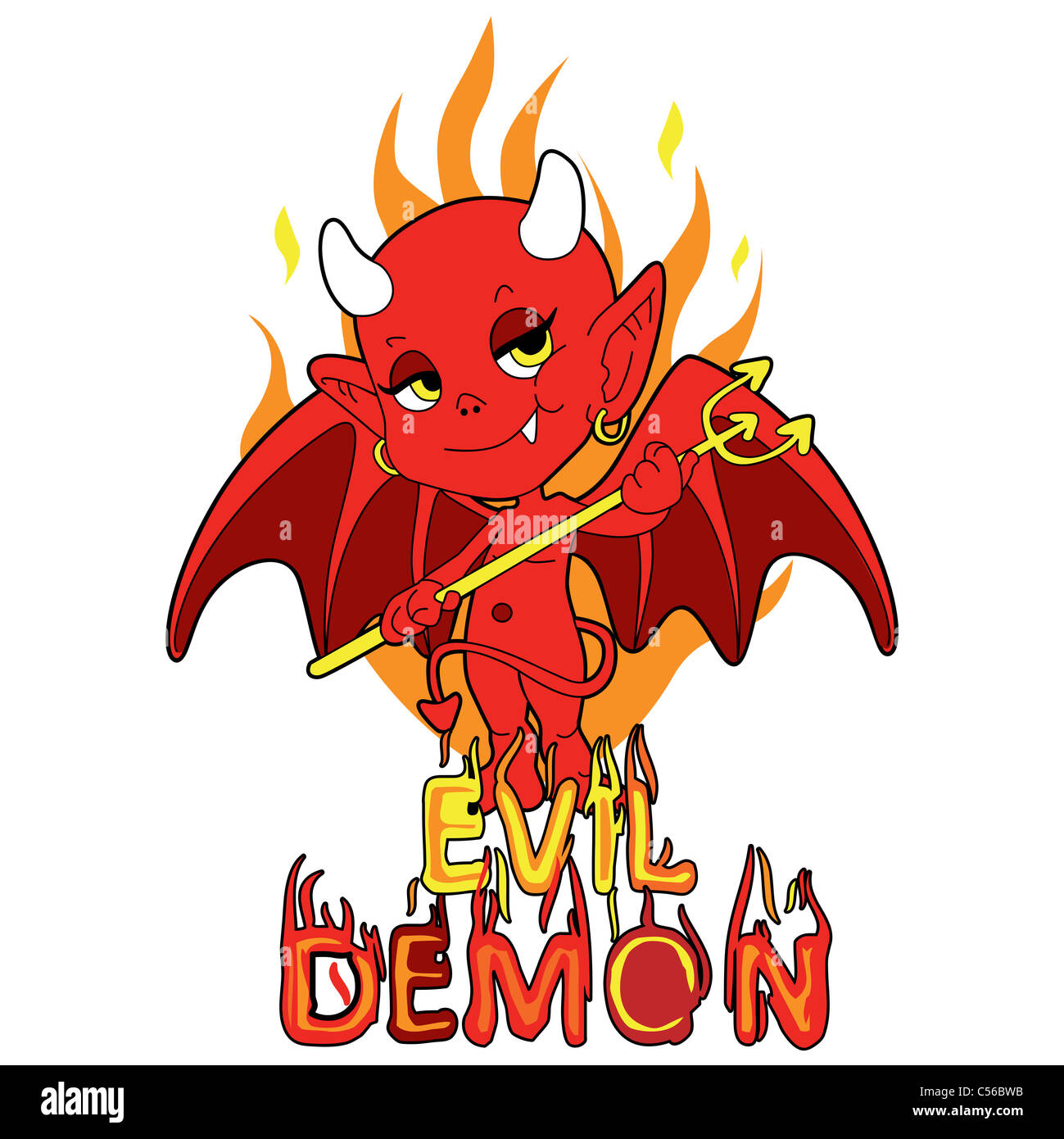 Roter böser Dämon junge hält Dreizack über höllischen Flammen verschmitzt lächelnd Stockfoto