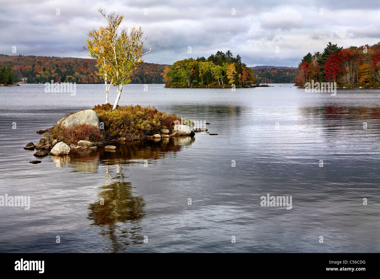 Eine kleine Insel im Tupper Lake im Herbst, Adirondack Mountains, New York, USA Stockfoto