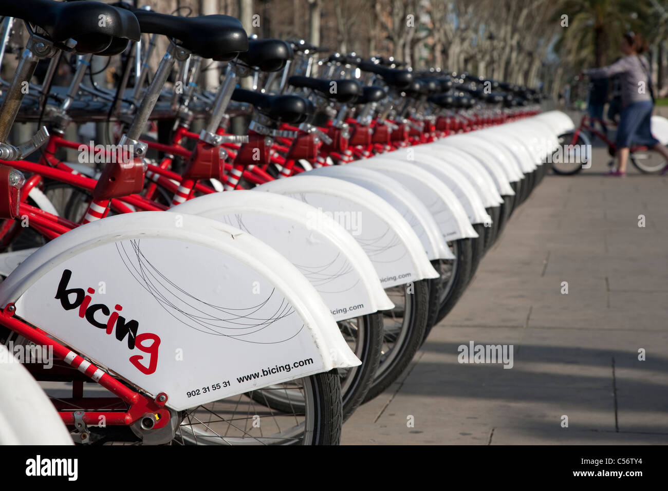 Frau, mieten Sie ein Fahrrad in Barcelona, Katalonien, Spanien Stockfoto