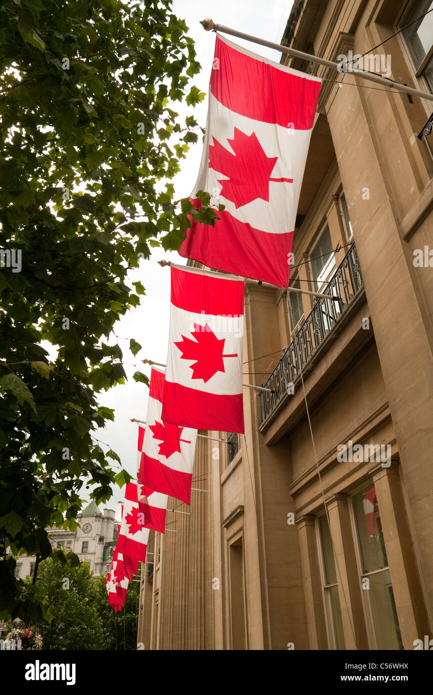 Kanadische Flaggen fliegen in Canada House, Trafalgar Square in London UK Stockfoto