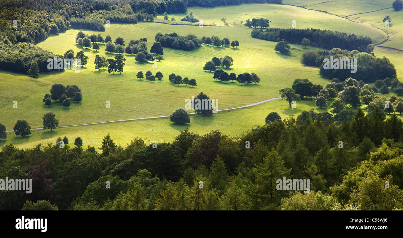 Akribisch konstruiert Parklandschaft auf dem Chatsworth Anwesen in Derbyshire, die ursprünglich von Capability Brown Stockfoto