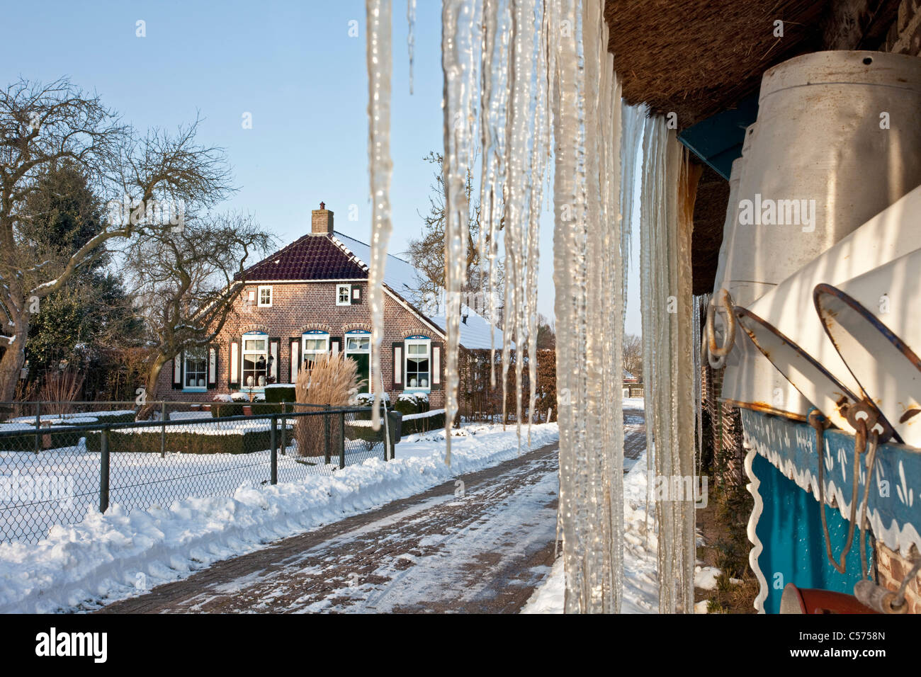 Niederlande, Staphorst, Winter, Eiszapfen auf Bauernhof Dach. Stockfoto