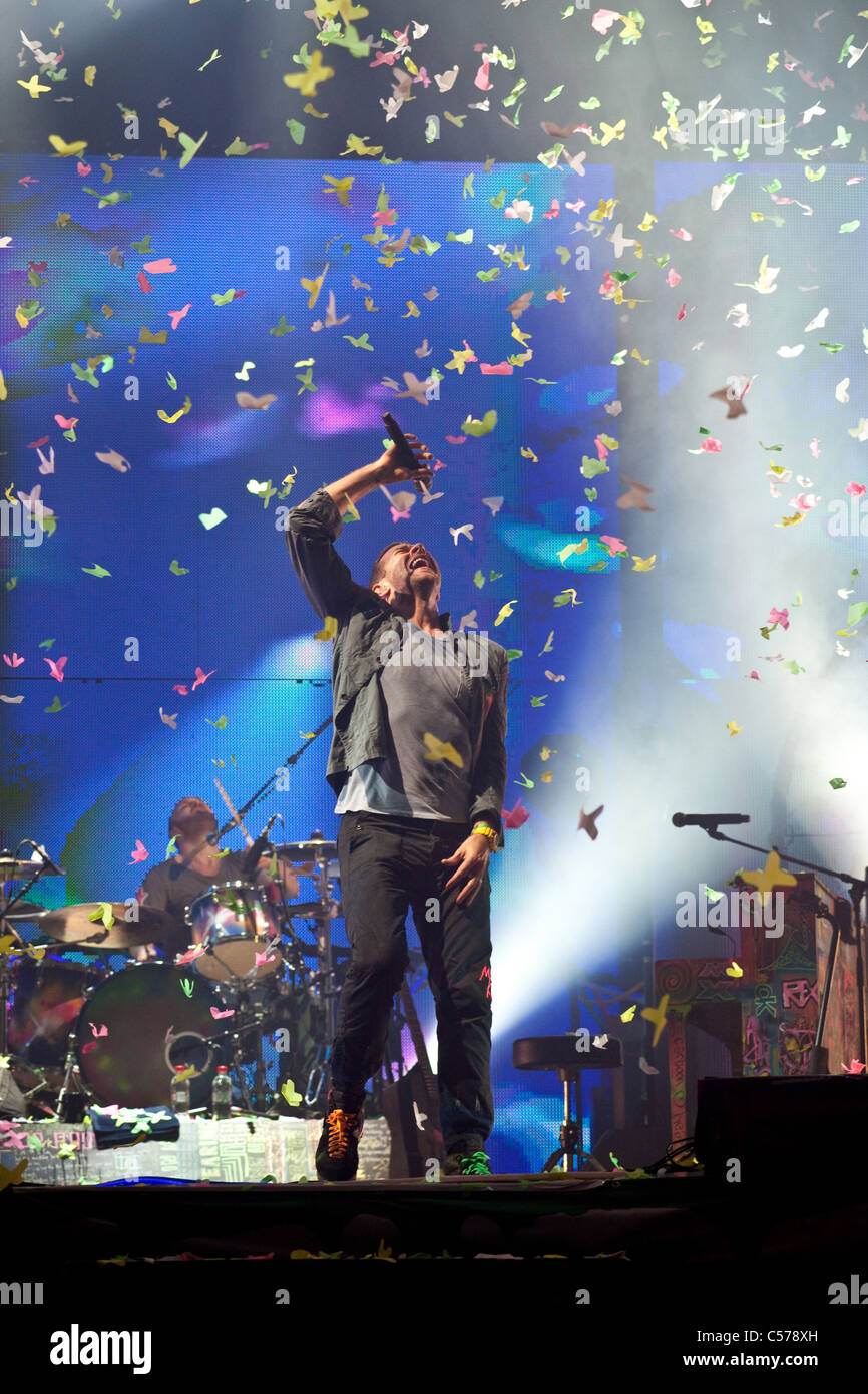 Coldplay als Headliner das Glastonbury Festival 2011, Somerset, England, Vereinigtes Königreich. Stockfoto