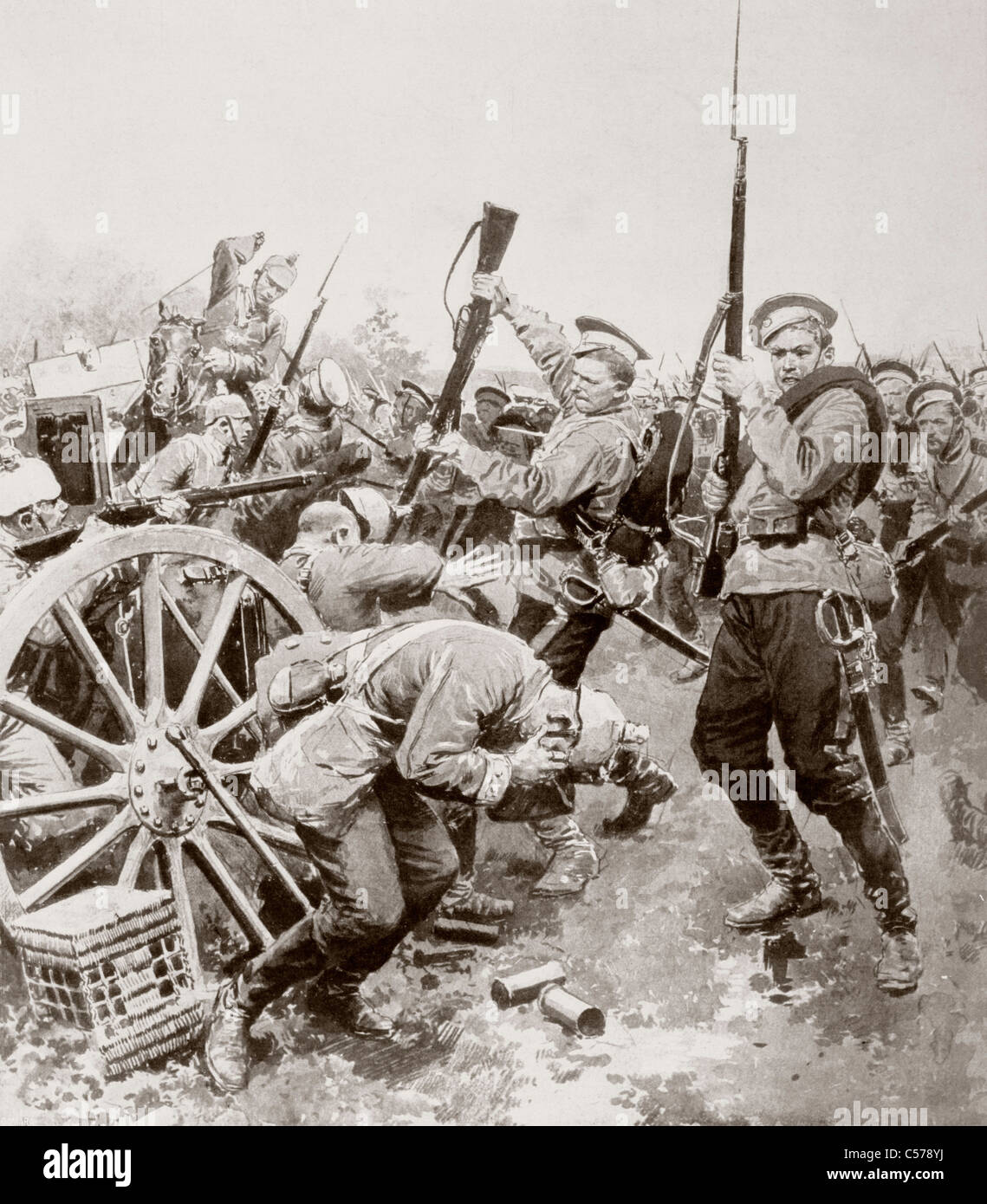 Russische Infanterie Angriff auf die deutschen Linien mit einem Bajonett verlangen zwischen Korschen und Bartenstein, Ostpreußen, August 1914 Stockfoto