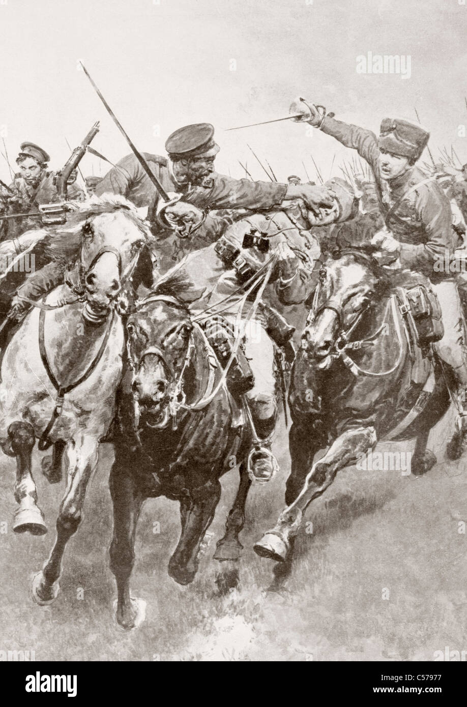 Kampf zwischen russischen Kosaken und Deutsche Kavallerie der Husaren des Todes En Schwansfeld montiert Stockfoto