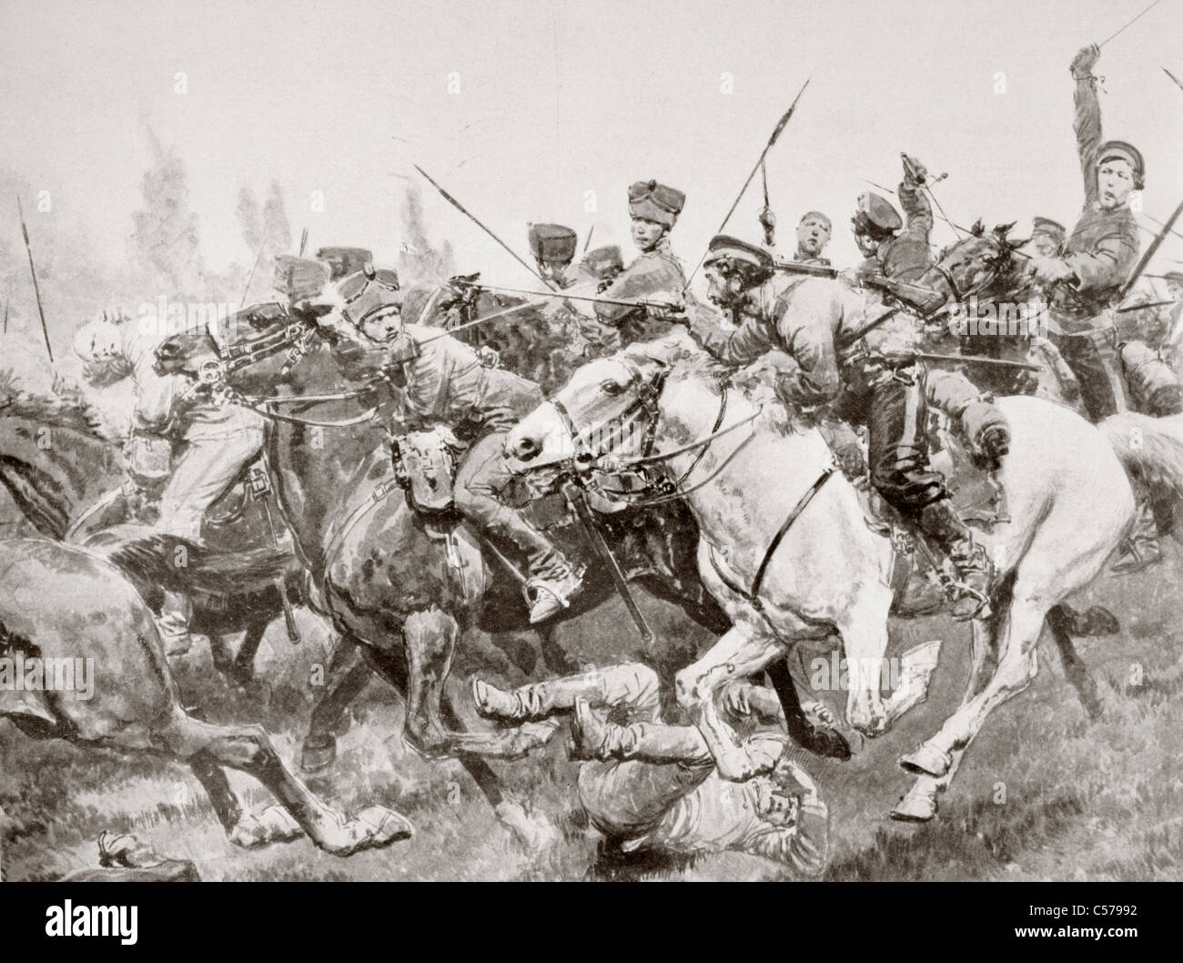 Kampf zwischen russischen Kosaken und Deutsche Kavallerie der Husaren des Todes En Schwansfeld montiert Stockfoto