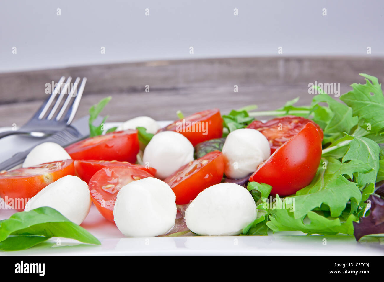 Tomate und Mozzarella mit Salat auf einem weißen Teller Stockfoto