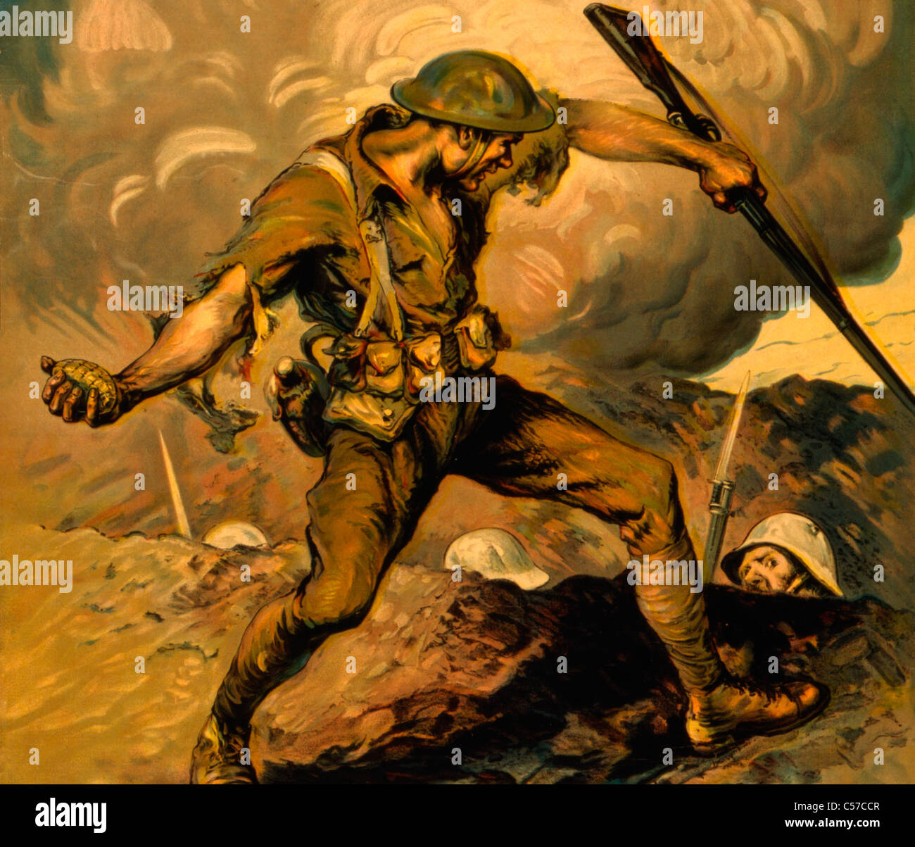 Ersten Weltkrieg Kampfszene zeigt US-Soldat Handgranate über deutsche Soldaten im Graben zu halten Stockfoto