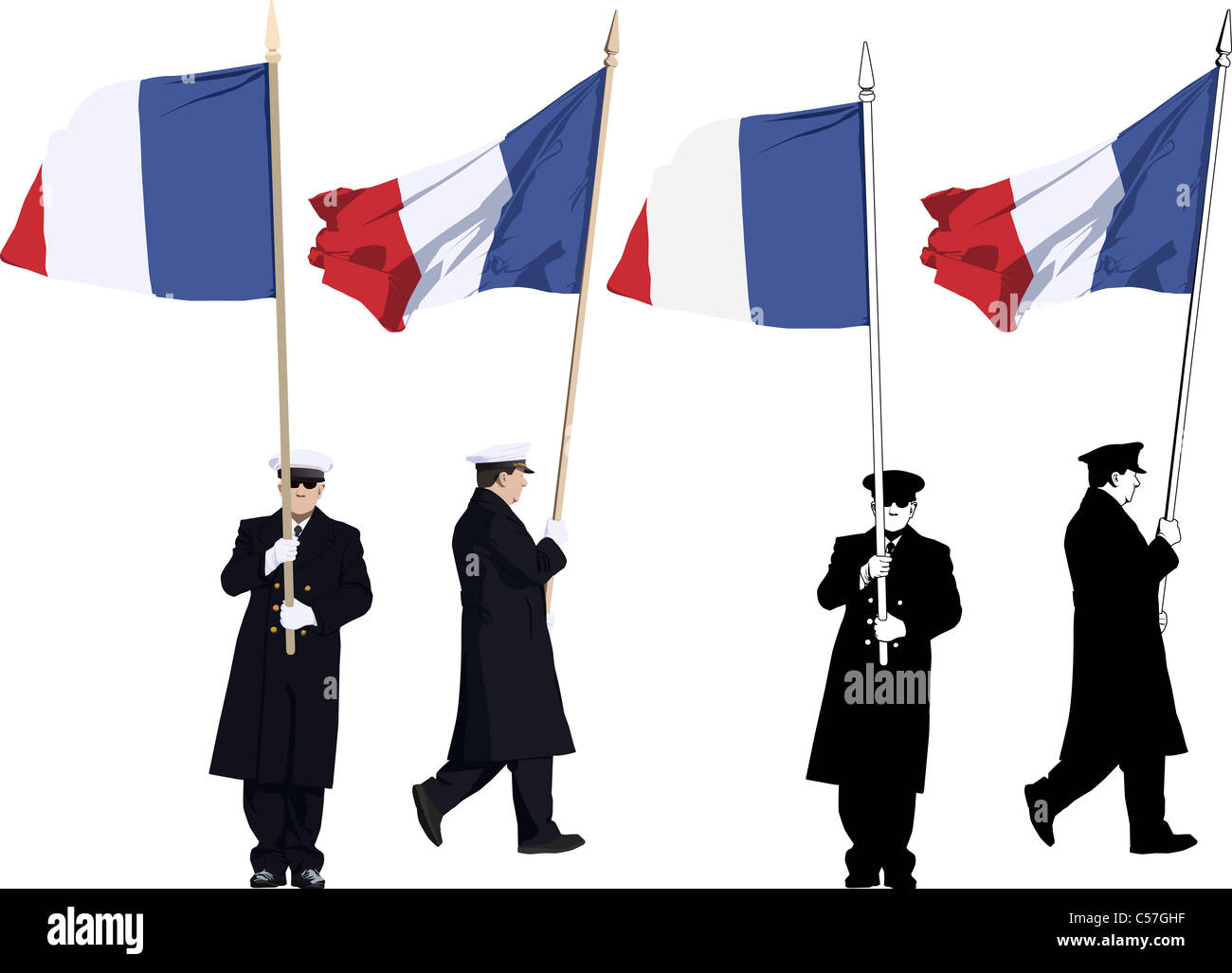Vektor-Illustration der französischen Ehrengarde mit Flagge bei Militärparade Stockfoto