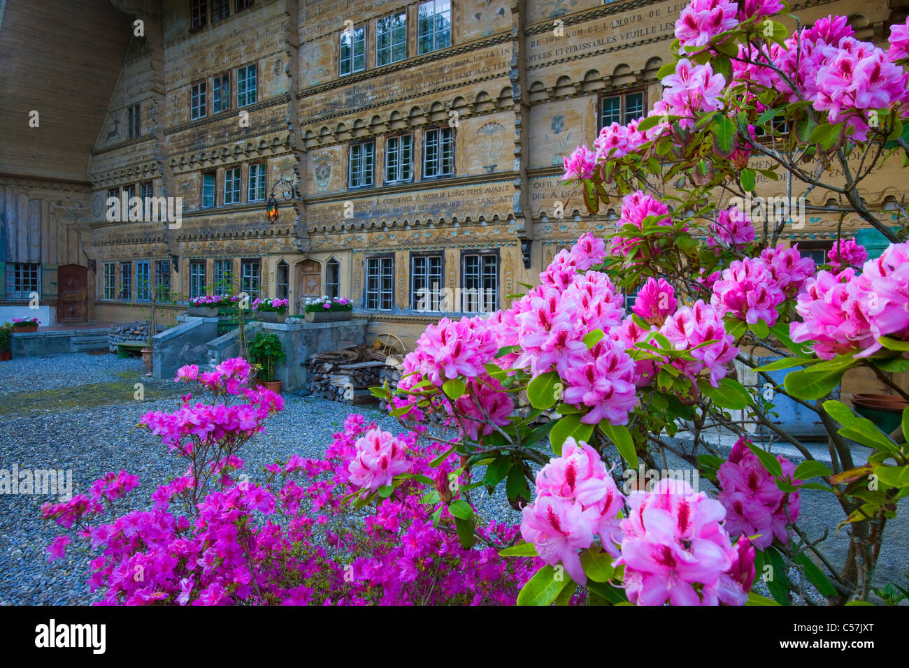 Rossinière-Grand Chalet, Schweiz, Europa, Kanton Freiburg, Fribourg, Dorf, Haus, Heim, Eingang, Pflasterung, Fenster, de Stockfoto