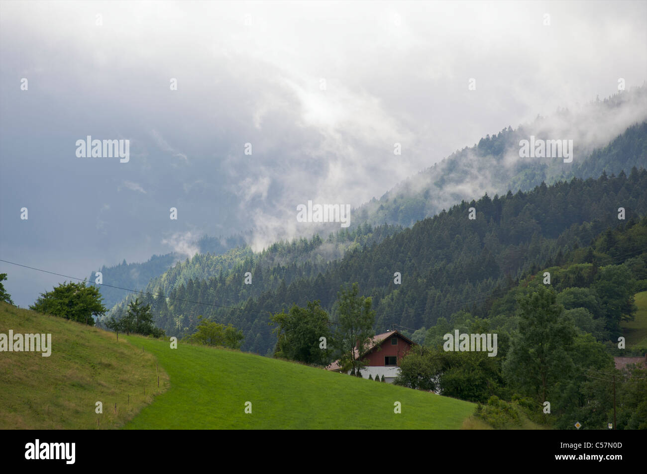 Bauernhaus in einer Landschaft mit Nebel und Nebel hängt tief im Tal im Schwarzwald, Baden-Württemberg, Deutschland Stockfoto