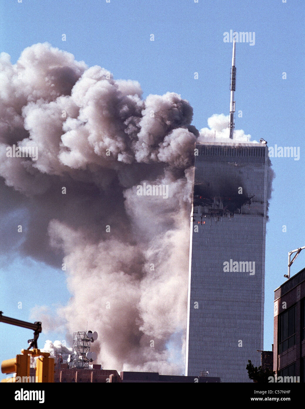 World Trade Center Terrorismus am 11. September 2001. Turm Nummer zwei bricht zusammen Stockfoto