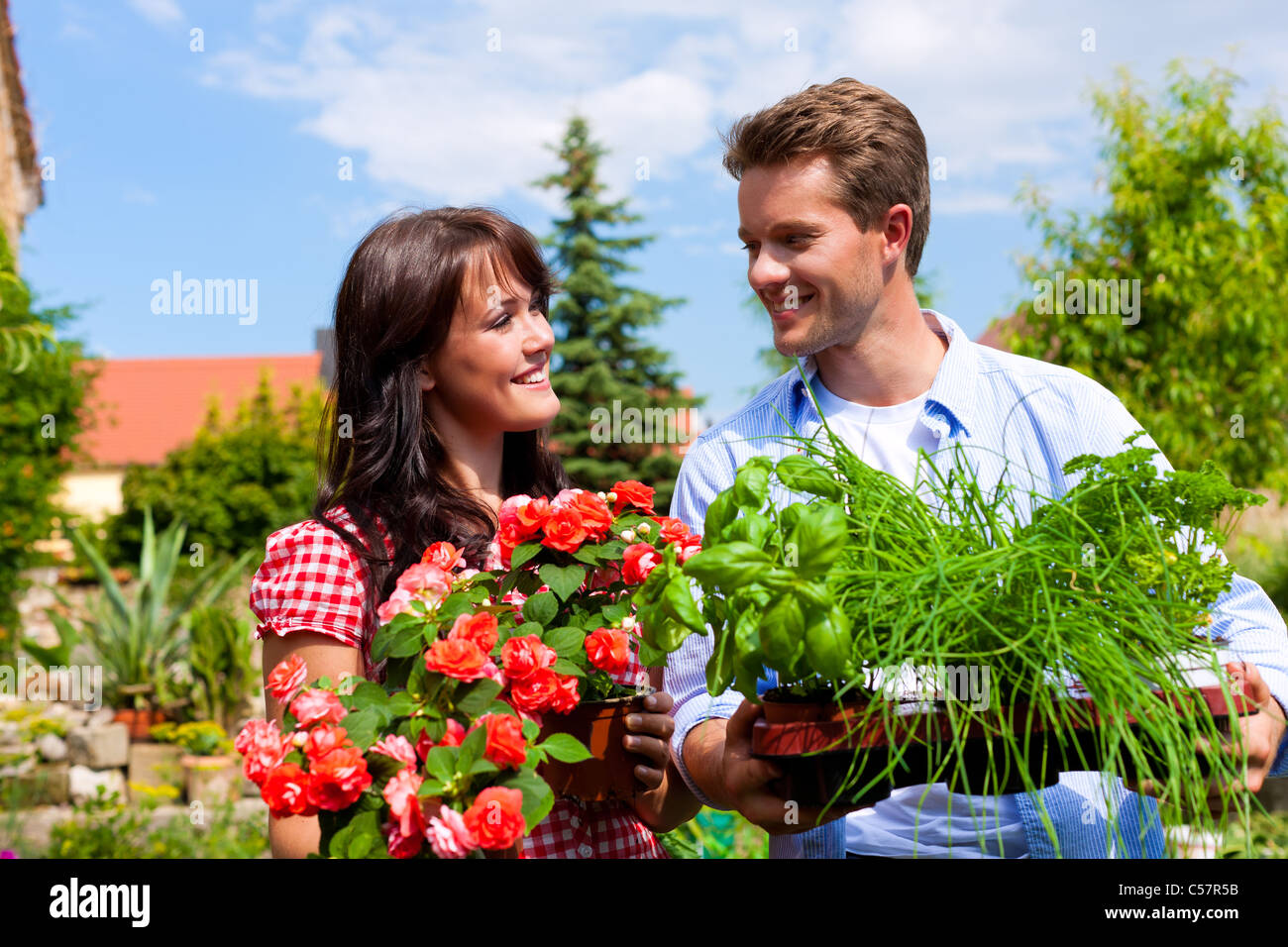 Gartenarbeit im Sommer - Brautpaar mit frischen Kräutern und roten Blüten Stockfoto