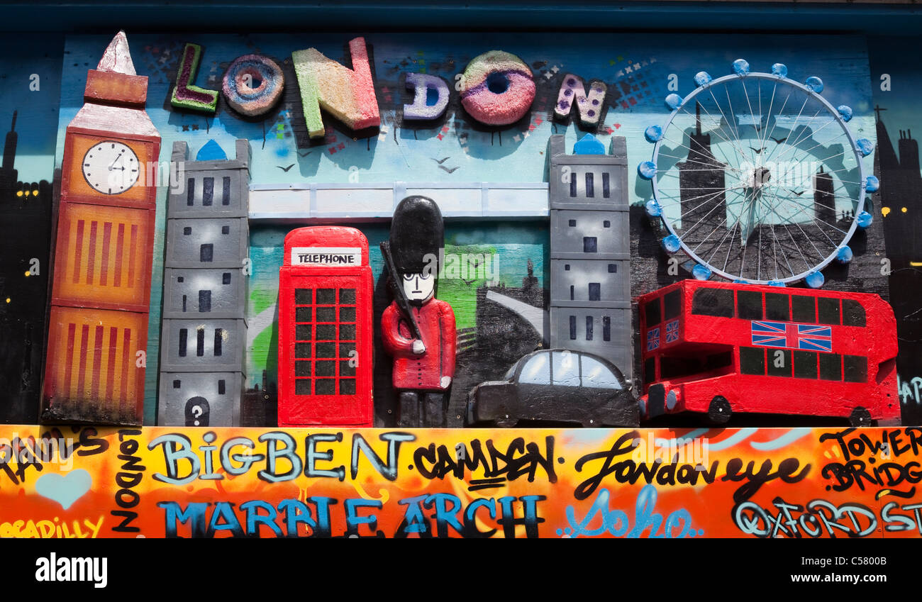 London Sehenswürdigkeiten in ein Kunstwerk am Camden Lock Market, London Stockfoto