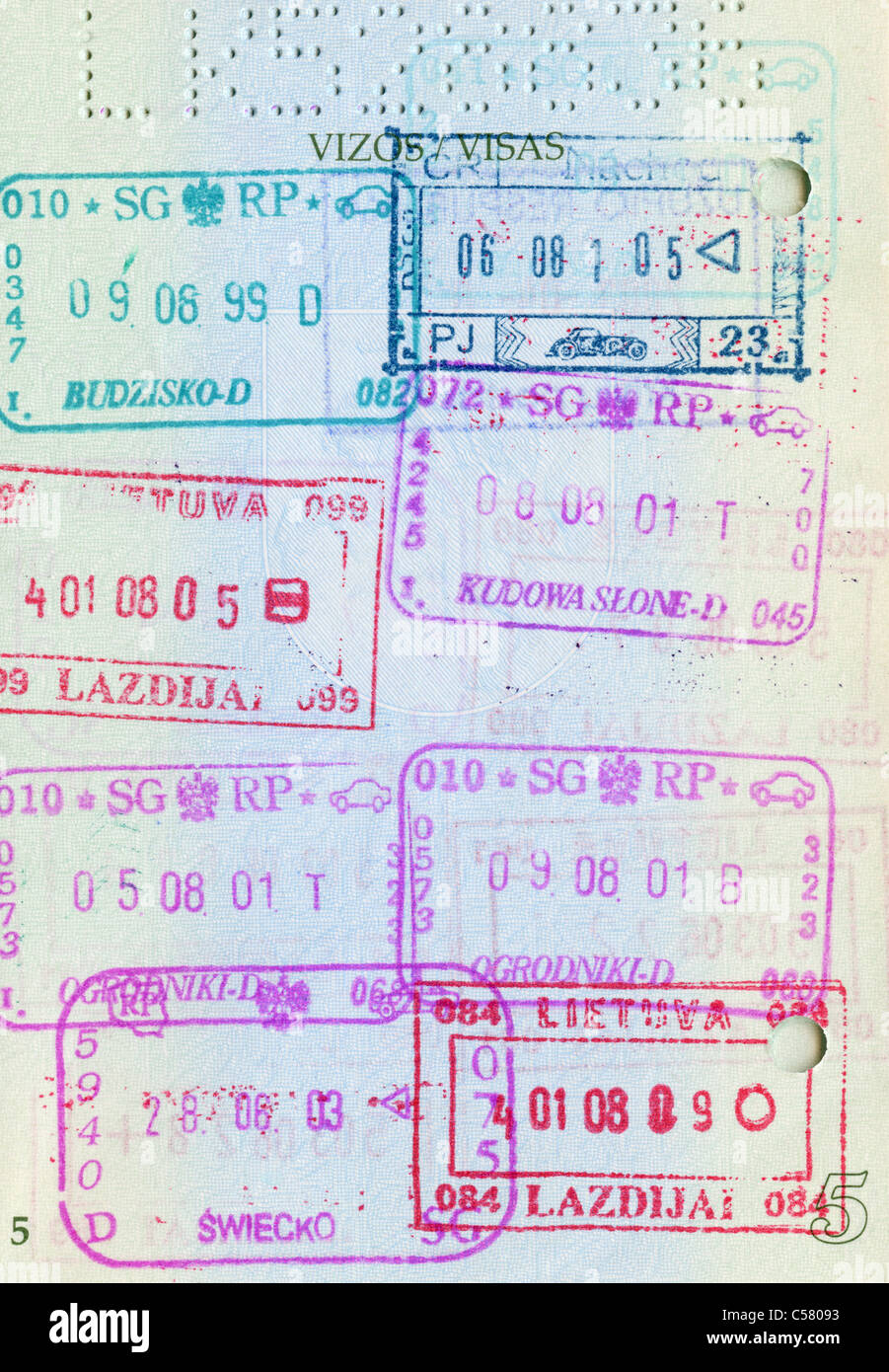 Seite der Reisepass mit Visum Briefmarken Stockfoto