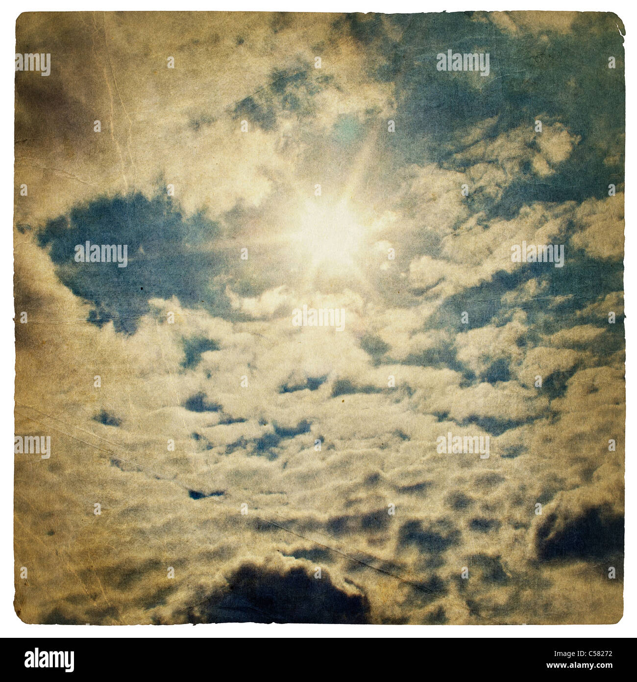 Sonne am blauen Himmel, Vintage-Hintergrund. Stockfoto