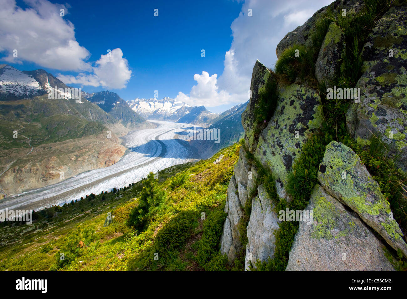 Aletsch Gletscher, Schweiz, Europa, Kanton Wallis, geschützten Bereich, der UNESCO, Gletscher, Moränen, Eis, Berge, Wolken, Stockfoto