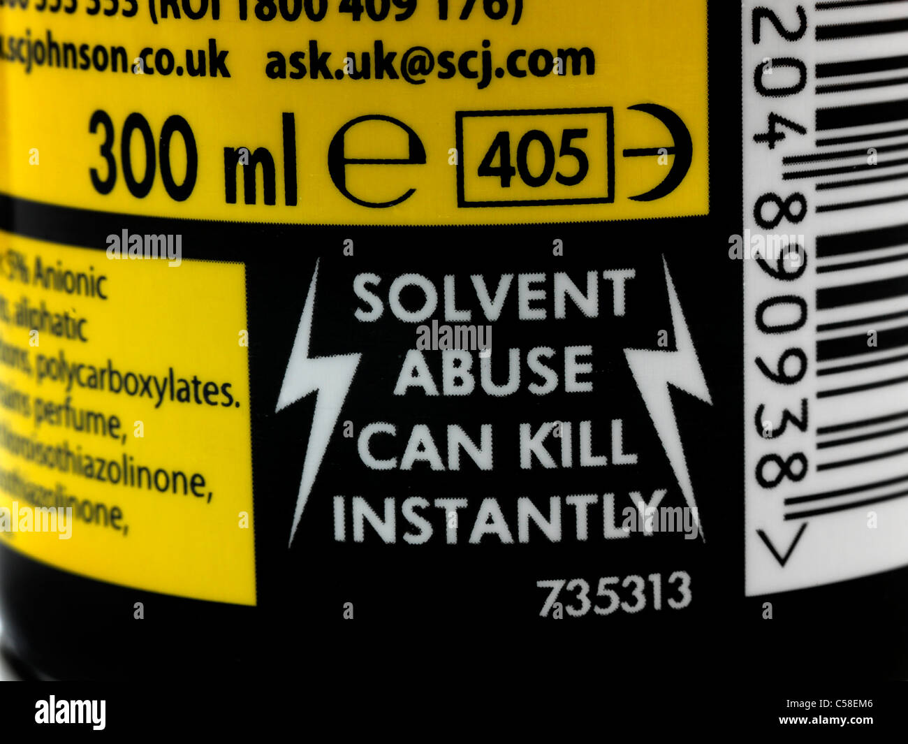 Lösungsmittel Missbrauch kann töten sofort Warnung Label auf Spraydose Stockfoto