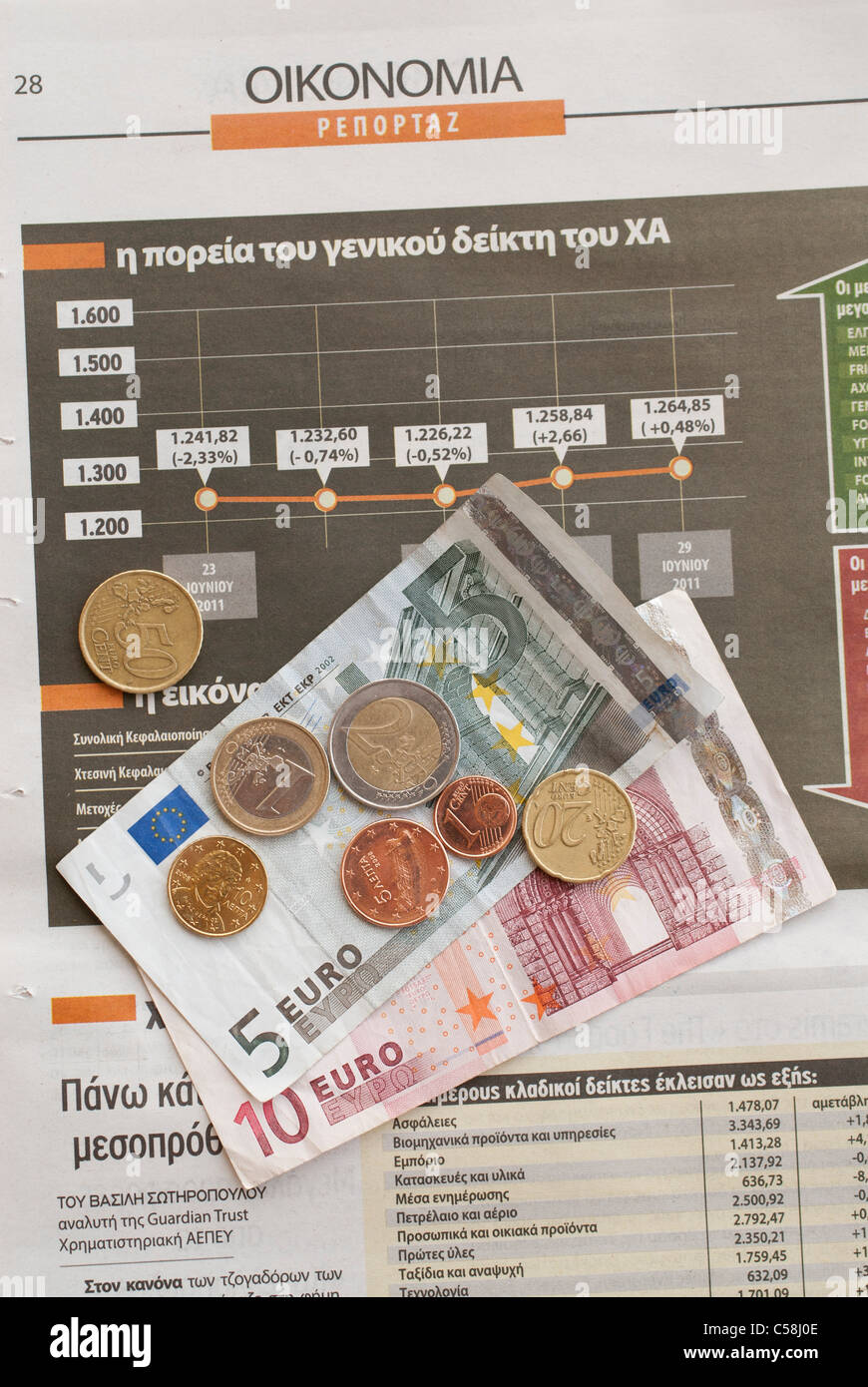 Finanzkrise, Griechenland, Zeitung, Artikel, Nachrichten, Griechisch, Münzen, Euro, griechischen Euro-Banknoten Stockfoto