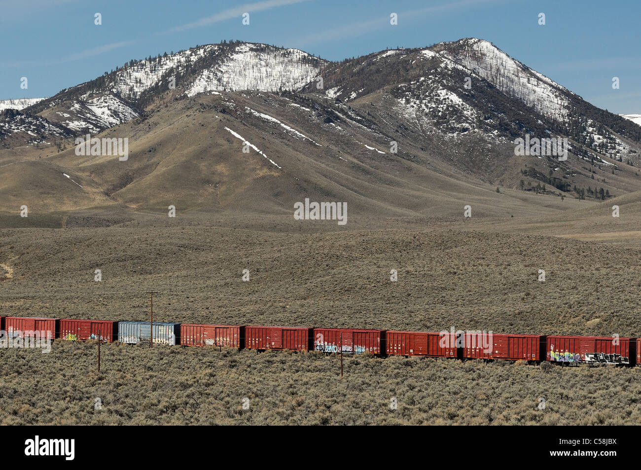 Güterzug in der Nähe von Doyle, Kalifornien, USA, Amerika, Transport, Berge, Prärie Stockfoto