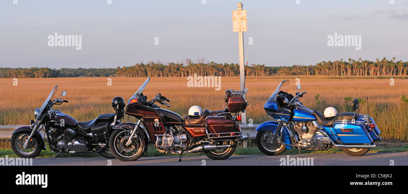 Motorräder, Parken, Bayport Park, Pine Island, in der Nähe von Spring Hill, Florida, USA, USA, Amerika, Straße Stockfoto