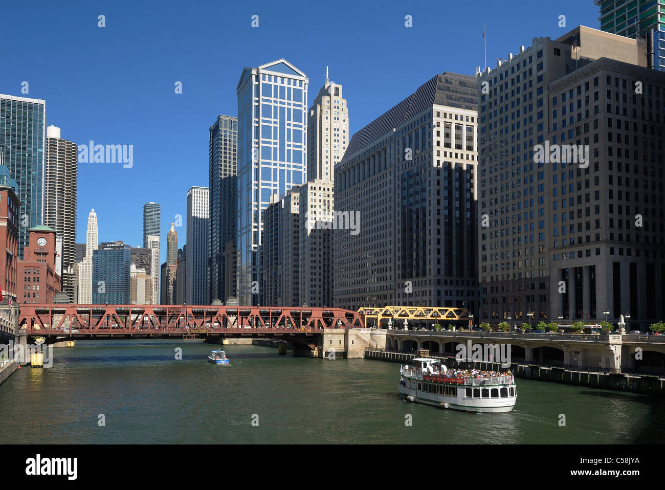 Brücke, Chicago River, Downtown, Chicago, Illinois, USA, USA, Amerika, Stadt, Skyline, Gebäude, Fluss Stockfoto