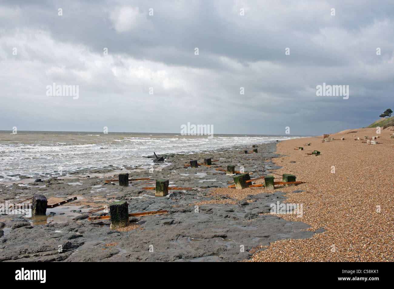 Weltkrieg zwei Anti-Invasion Zaun Polen in Betonblöcke, Bawdsey, Suffolk, UK. Stockfoto