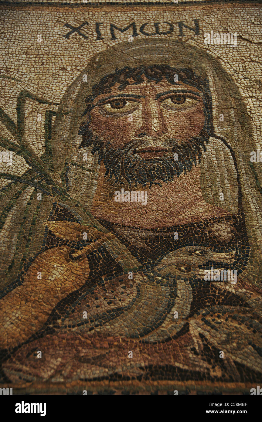 Römische Mosaik-Fußboden aus einem Haus (5. Jahrhundert) Darstellung der Wintersaison. Archäologisches Museum von Argos. Griechenland. Stockfoto
