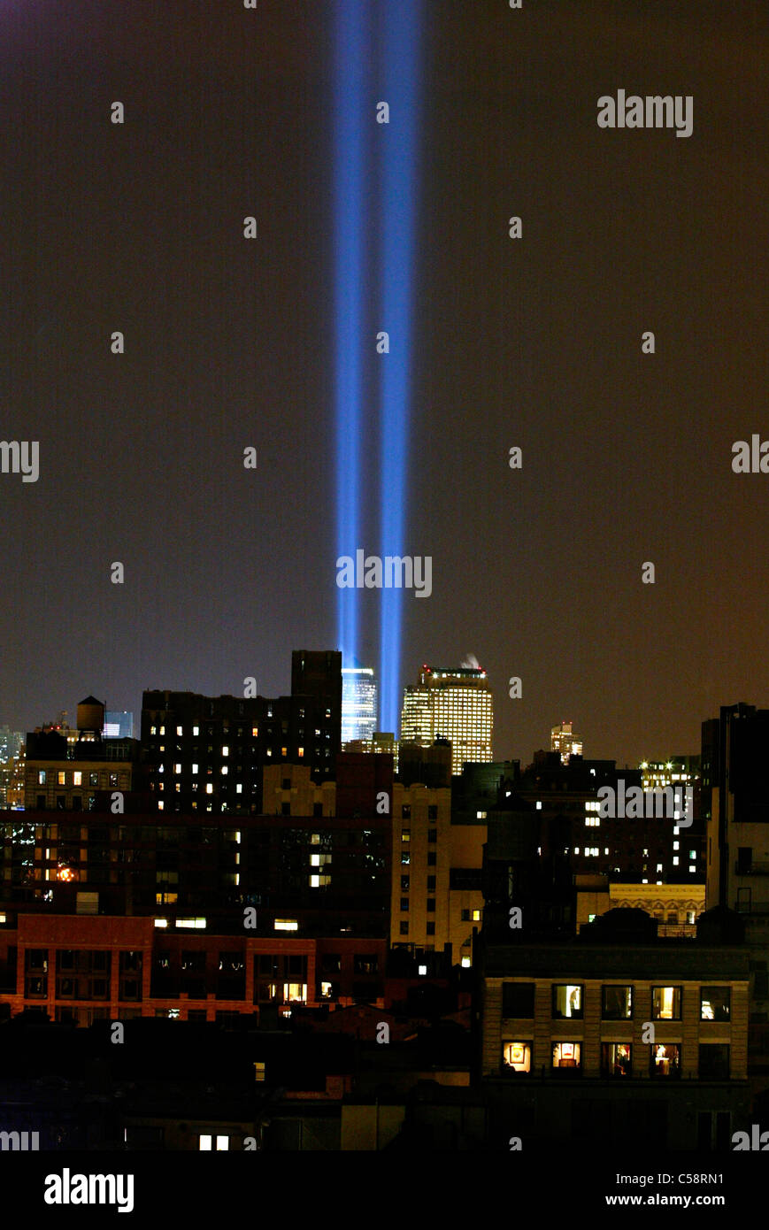 World Trade Center New York Hommage des Lichts 11. März 2002 Stockfoto