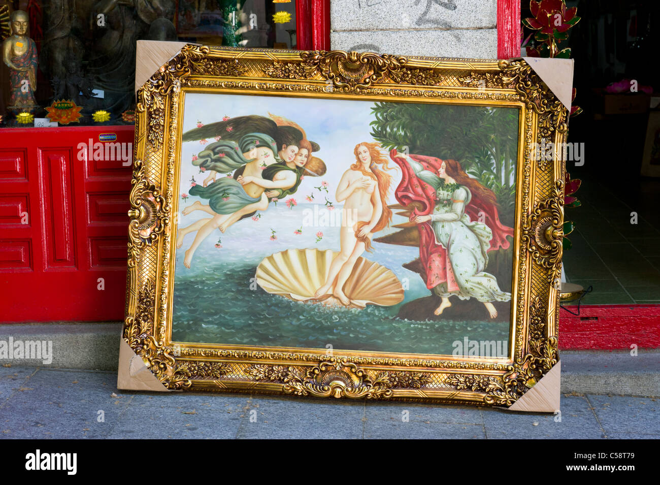 Chinesische handgemalt Kopie von die Geburt der Venus von Botticelli im El Rastro Markt, Madrid, Spanien Stockfoto