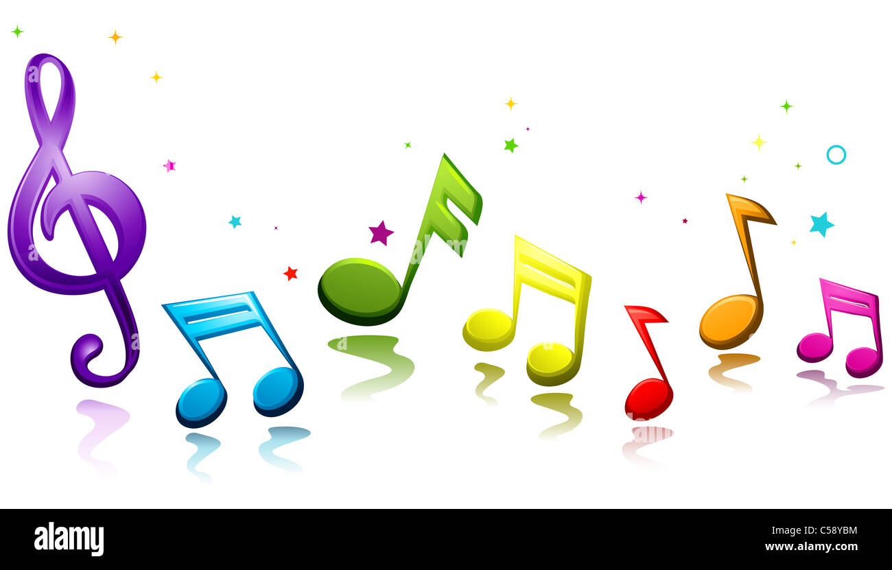 Regenbogenfarbenen Musiknoten vor weißem Hintergrund Stockfoto