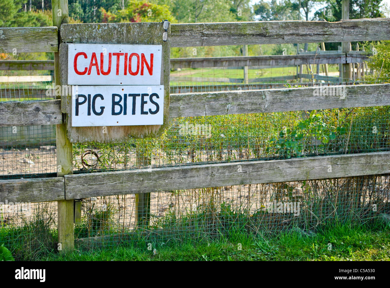 Der Holzzaun auf dem Bauernhof "Inweis Schwein beißt" anmelden. Stockfoto